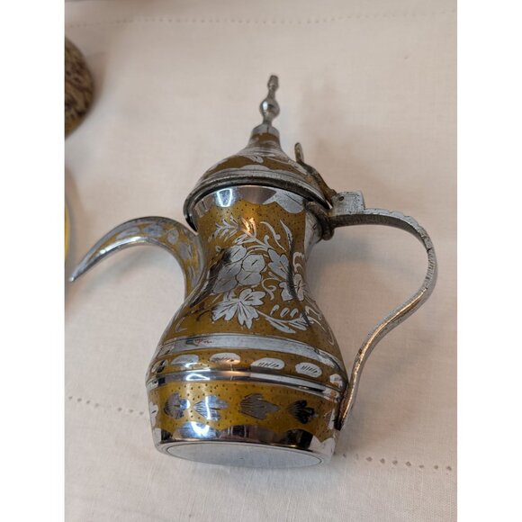 Vintage Dallah Coffee Pot Middle Eastern Style Brass & Silver Floral Engravings - Picture 9 of 10